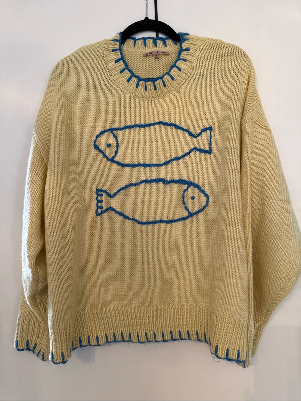 Cream Crewneck Sweater with Blue Fish Embroidery
